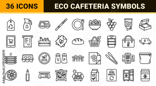 Sustainable Dining and Eco-Friendly Cafeteria Icon Set featuring Ultra-Minimalist Geometric Outlines for Green Business and Organic Food Branding