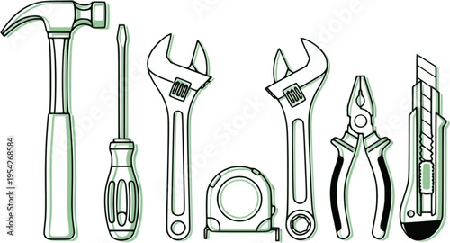 A minimalist green line art illustration of common hand tools on a white background
