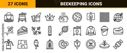 Beekeeping and Honey Production Ultra-Minimalist Monoline Icon Set featuring Geometric Bee Conservation and Apiculture Industry Line Art Symbols
