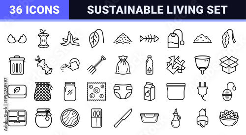 Sustainable Living and Zero Waste Lifestyle Outline Symbols for Eco-friendly Branding and Minimalist Environmental Design Projects