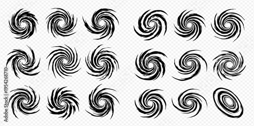 Set of black hurricane and typhoon symbols, spiral storm icons, vortex and cyclone signs, weather forecast elements.