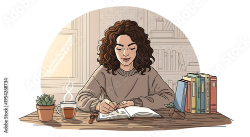 A woman sits at a desk, writing in a notebook with a cup of coffee and books nearby in a cozy study setting.