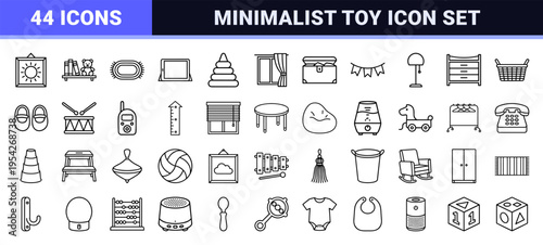 Nursery Interior and Childhood Education Ultra-Minimalist Monoline Icons Featuring Geometric Furniture, Educational Toys, and Decor Symbols.