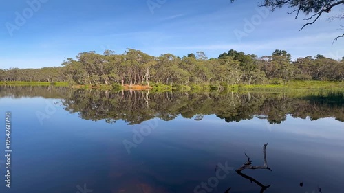 Panoramic footage of Wentworth Falls Lake and the surrounding shoreline forest in the Blue Mountains town of Wentworth Falls in New South Wales, Australia