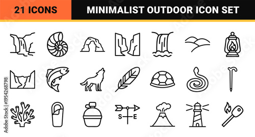 Outdoor Adventure and Nature Exploration Ultra-Minimalist Monoline Geometric Line Art Symbols for National Park Signage and Environmental Apps.