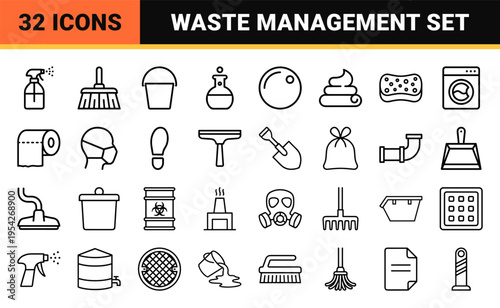 Sanitation and Waste Management Icon Set Featuring Ultra-Minimalist Monoline Symbols for Hygiene, Recycling, and Industrial Cleaning Services
