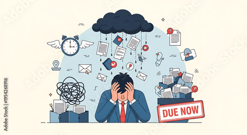 A stressed businessman overwhelmed by a multitude of tasks and deadlines in a chaotic work environment