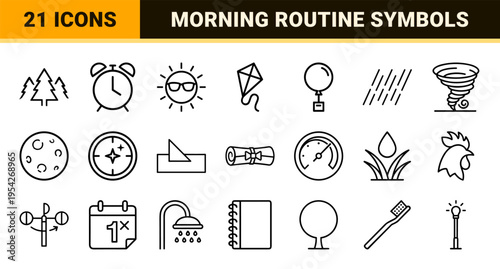 Celestial Weather and Morning Routine Outline Icons featuring Minimalist Monoline Sun, Moon, and Daily Symbols for Interface Design.