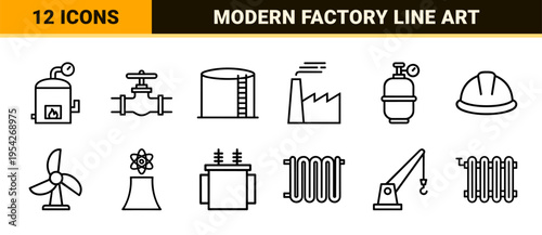 Industrial Manufacturing and Sustainable Energy Infrastructure Outline Symbols for Technical Engineering Documentation and Smart Factory Interface Design