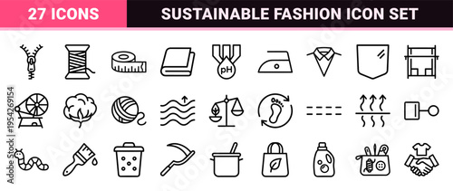 Sustainable Organic Cotton and Eco-Friendly Textile Production Symbols featuring Ultra-Minimalist Monoline Geometric Line Art for Ethical Fashion.