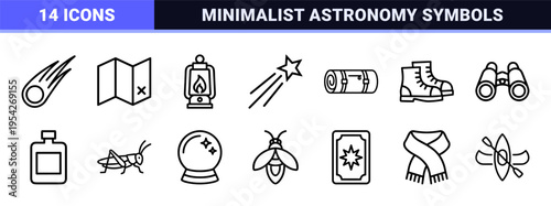 Celestial Astronomy and Nocturnal Nature Ultra-minimalist Monoline Vector Icons for Professional Modern Digital UI and Clean Graphic Design Projects