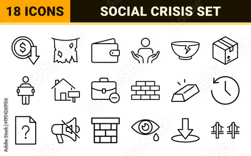 Socio-Economic Crisis and Humanitarian Aid Minimalist Line Icons; Professional Global Poverty and Financial Instability Vector Symbols set.