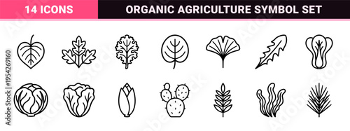 Leafy Green Vegetables and Botanical Foliage Icons featuring Ultra-minimalist Monoline Aesthetic for Organic Agriculture and Healthy Diet.