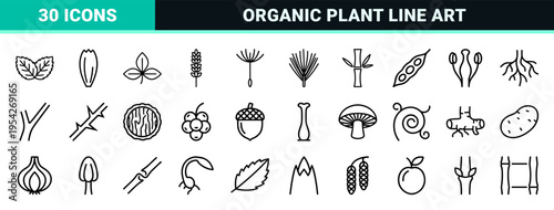 Botanical Herb and Medicinal Plant Monoline Outline Icon Set Featuring Ultra-Minimalist Geometric Sprigs, Leaves, and Organic Floral Structures