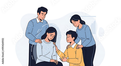 A vector graphic illustration of a supportive family comforting a seated woman