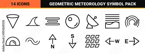 Atmospheric Weather Conditions and Wind Dynamics Icon Set featuring Ultra-Minimalist Geometric Line Art for Meteorological App Interfaces