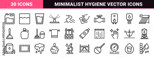 Water Conservation and Plumbing Hygiene Vector Symbols Featuring Ultra-Minimalist Geometric Outline Aesthetics for Sustainable Living Apps.