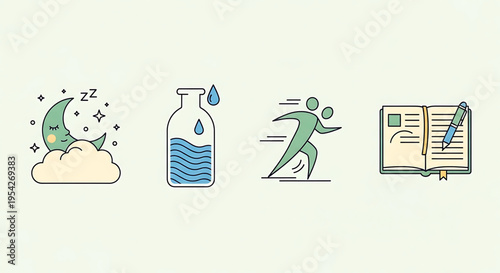 A set of four minimalist icons representing sleep, hydration, exercise, and journaling for a healthy lifestyle