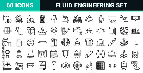 Water Treatment and Hydraulic Engineering Infrastructure Icons. Ultra-Minimalist Monoline Geometric Line Art for Industrial Processing.
