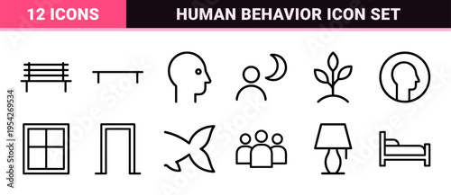 Ultra-Minimalist Monoline Behavioral Psychology Icon Set featuring Geometric Line Art Symbols for Human Emotion, Mental Health, and Social Interaction.