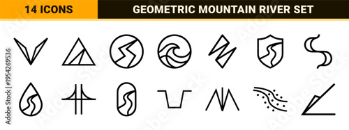 Ultra-minimalist Geometric Line Art Featuring Winding River and Mountain Peaks, Modern Monoline Landscape Symbols for Outdoors Branding