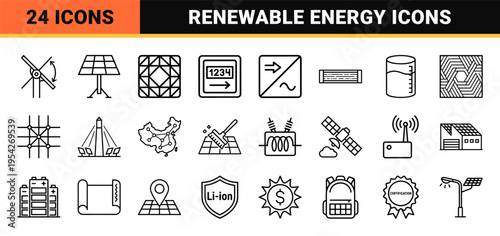 Solar Energy Technology and Renewable Power Infrastructure Ultra-Minimalist Geometric Vector Line Art Icon Set for Technical Sustainability Documentation.