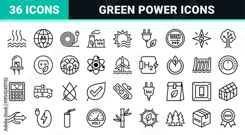 Sustainable Green Energy and Eco Technology Ultra-Minimalist Monoline Vector Outline Icon Set for Clean Power and Environmentally Friendly Industry