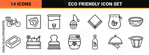 Zero Waste Restaurant and Sustainable Dining Linear Icons featuring Eco-Friendly Packaging Kitchenware and Composting Symbols in Minimalist Monoline Style