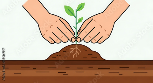 A pair of hands gently planting a young green sapling into a mound of brown soil