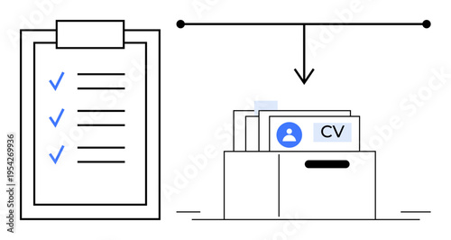 Hiring process. Conceptual graphic of a checklist and resume files recruitment steps for efficient hiring management. Hiring illustrated for HR, staffing, job application workflows, team building