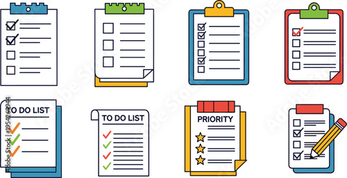 Checklist and To Do List Clipboard Icons Set with Task Management Priority Notes and Planning Sheets Vector Illustration for Productivity and Office Organization Design