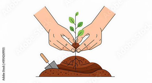 A pair of hands gently planting a young green sapling into a mound of brown soil with a small shovel nearby.