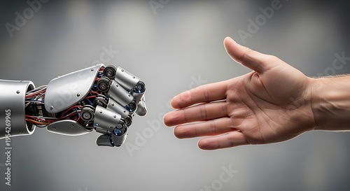 Robotic hand and human hand nearly touching fingers in a symbolic gesture