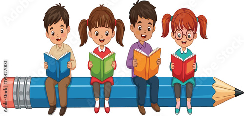 Happy School Kids Reading Books While Sitting on Giant Pencil for Education Learning Concept Classroom Illustration and Children Vector Design