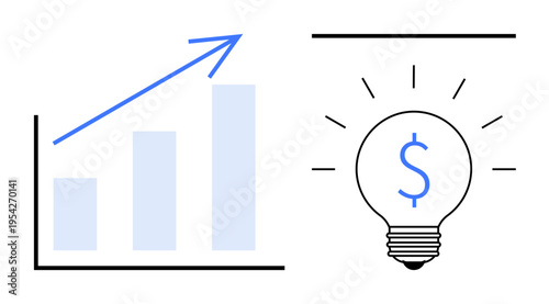 Business strategy, financial growth, innovation, creative solutions, investment, profitability. Bar graph with arrow and light bulb with dollar sign. Business strategy and financial growth concept
