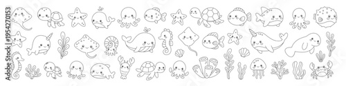 Set of cute marine animals, corals, and plants. Underwater characters for coloring and design