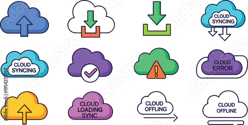 Cloud Computing Status Icons Set with Upload Download Sync Error Offline Loading and Notification Symbols Vector Illustration for Network Storage and Data Services Design