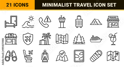 Tourism and Vacation Travel Minimalist Monoline Icon Set featuring Geometric Line Art Symbols for Global Hospitality and Transport Navigation.