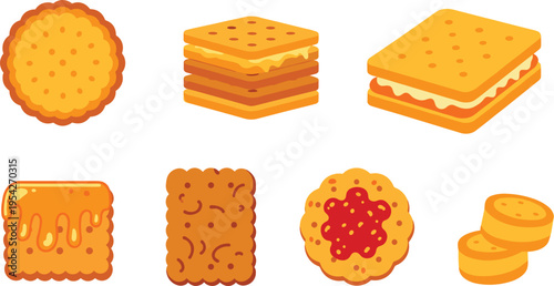 Collection of Biscuit and Cracker Snacks Set with Sandwich Cream Crackers Jam Cookies and Sweet Bakery Items in Flat Style Illustration