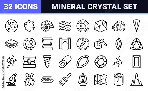 Geology Mineralogy and Gemology Ultra-Minimalist Monoline Icon Set Featuring Geometric Line Art Crystals Rocks and Earth Science Symbols