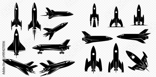 Set of various black rocket and space shuttle silhouettes for space exploration and science fiction designs.