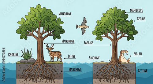 A detailed vector illustration of a mangrove ecosystem with labeled components and wildlife