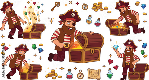 Pirate Character Illustrations with Treasure Chest, Gems, Gold Coins, Key, Compass, and Bottles for Fun Adventure-Themed Kids’ Artwork and Coastal Designs