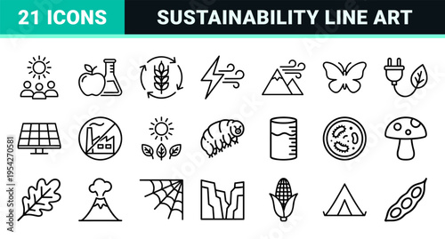 Ecological Science and Sustainability Monoline Icon Set featuring Environmental Research, Ecosystem Dynamics, and Biological Conservation Symbols.