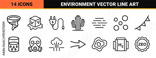 Global Climate Change and Environmental Monitoring Ultra-Minimalist Monoline Geometric Line Art Icons for Professional Data Visualization.