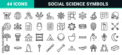 Anthropology and Social Science Icon Set featuring Minimalist Geometric Line Art for Research, Culture, History, and Archaeology UI Design.