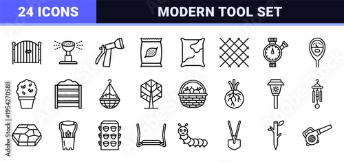 Professional Gardening Equipment and Horticulture Symbols Featuring Ultra-Minimalist Geometric Line Art for Landscape Design and Urban Farming