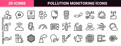 Air Quality Monitoring and Pollution Control Ultra-Minimalist Monoline Icons for Environmental Health and Industrial Smog Detection Systems