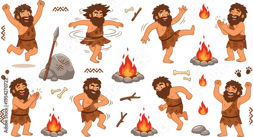 Caveman Character Illustrations with Fire, Spear, Bones, Dancing, and Prehistoric Elements for Fun Adventure-Themed Artwork, Kids' Illustrations, and Tribal Designs