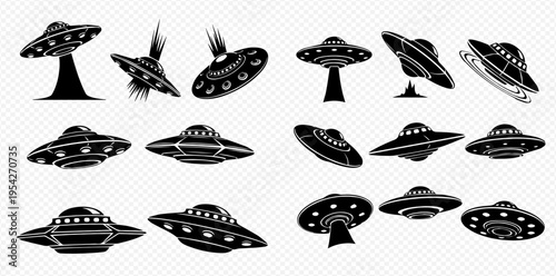 Set of various black and white flying saucers and UFOs in different styles.